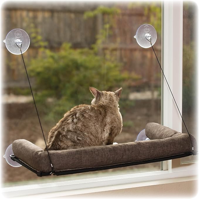 K&amp;H Pet Products EZ Mount Bolster Cat Window Perch for Large Cats, Sturdy Kitty Window Hammock Bed, Steel Frame, Sturdy Suction Cups, Washable Shelf Covers, Foldable - Fits 27"W X 23"H Glass Spaces
