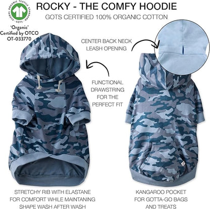 Rocky – The Orginal Lightweight Hooded TEE 100% Organic Cotton Dog Hoodie Pet Coat Sweater for Small, Medium, Large Dogs, Navy Camo, X-Small