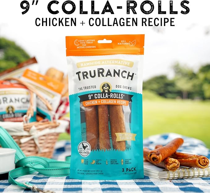 Collagen Rolls - 9" Collagen Rolls for Dogs - Long Lasting Healthy Joint Support Dog Treat - Rawhide Alternative - Skin &amp; Coat Health - Made with Real Chicken, 1 Bag, 3 Count
