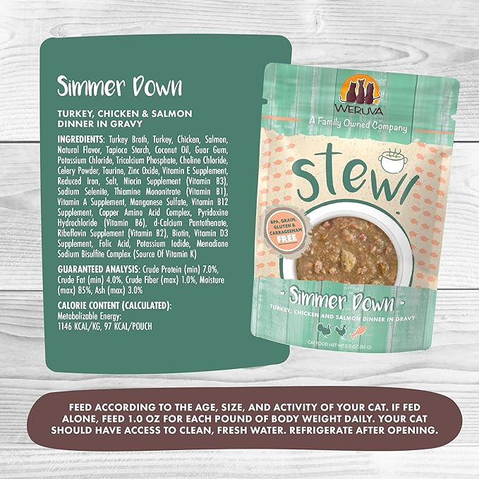 Weruva Classic Cat Stews!, Simmer Down with Turkey, Chicken &amp; Salmon in Gravy, 3oz Pouch (Pack of 12)