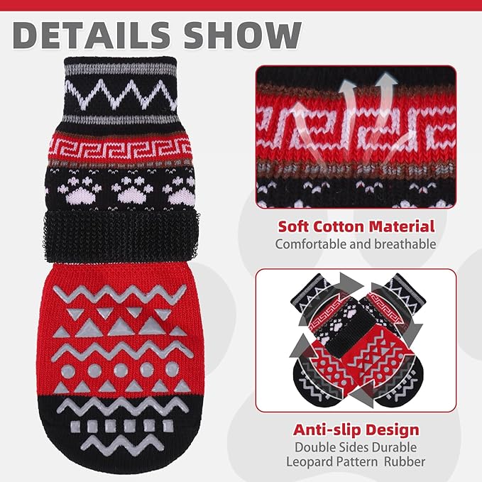 KOOLTAIL Dog Socks to Prevent Licking Paws for Hardwood Floors Anti Slip, Winter Warm Pet Boots&amp;Paw Protector with Grippers, Double Sides Dog Shoes Booties for Small Medium Large Senior Dogs Red S