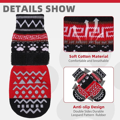 KOOLTAIL Dog Socks to Prevent Licking Paws for Hardwood Floors Anti Slip, Winter Warm Pet Boots&amp;Paw Protector with Grippers, Double Sides Dog Shoes Booties for Small Medium Large Senior Dogs Red S