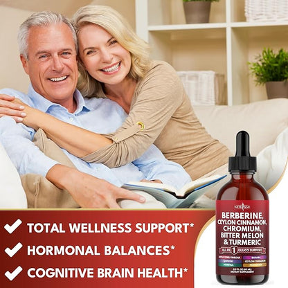 Berberine with Ceylon Cinnamon Supplement Liquid Drops + Bitter Melon Extract, Glucomannan, Gymnema, Chromium, Turmeric, Panax Ginseng, Moringa- 4 OZ