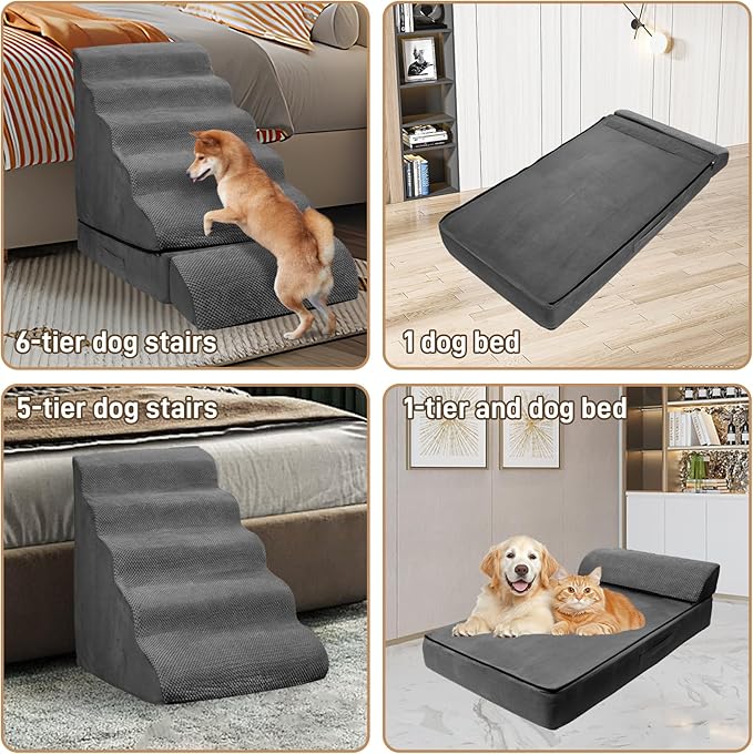 Soft Dog Stairs &amp; Steps for High Beds 24-28 Inches Tall for Small Dogs, LitaiL Pet Stairs/Steps for Beds 28 Inches High, Non-Slip Dog Ramps for Older Cats
