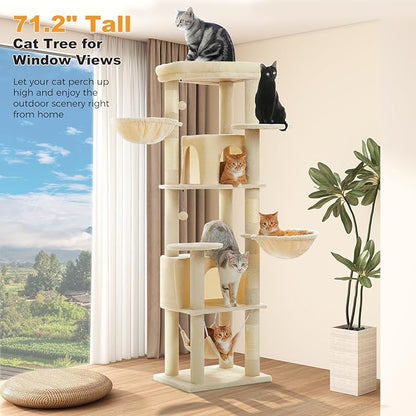 71.2" Tall Cat Tree for Indoor Cats - 9-Level Multi-Cat Tower w/5 Sisal Scratching Posts, 2 Condos, 3 Hammocks, Perch &amp; Pom Poms - Heavy-Duty for Adult Cats, Space-Saving Plush Beige