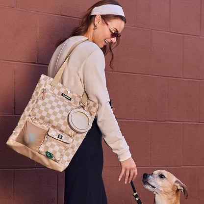 Park Pack 2-Piece Set Dog Gear Tote – Dog Travel Bag with 8 Pockets, Treat Pouch, Poop Bag Dispenser, Quick-Dry Ball Pocket, Collapsible Bowl, Perfect for Walks &amp; Park Trips, Checkerboard