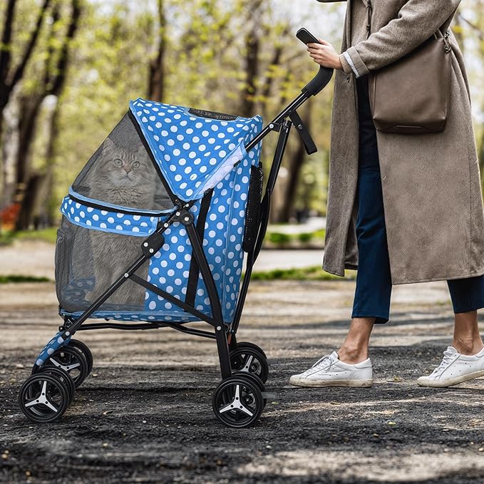 MoNiBloom 4 Wheels Pet Stroller, Easy-Fold Umbrella Shaped Dog Cat Jogger Stroller w/Storage Bag &amp; Visible Mesh for Small/Medium Dogs Cats Sky Blue Polka Dots