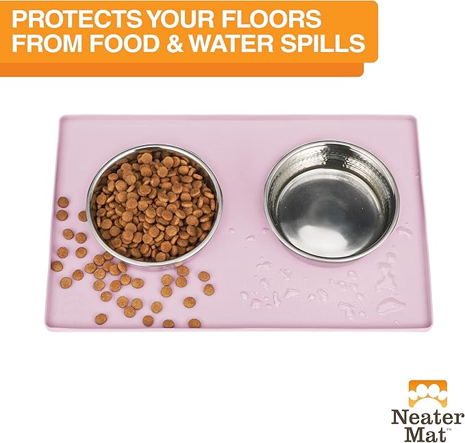 Neater Pet Brands Neater Mat Pet Mats for Food and Water, Cat &amp; Dog Bowl Mat Waterproof Silicone, Feeding Tray, Dog Food Mats for Floors, Placemat w/Raised Edge for Under Bowls, 16” x 10”, Light Pink