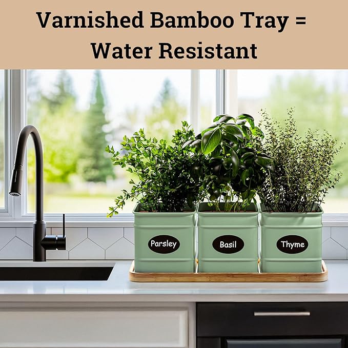 Herb Planter Indoor - 3 Iron Herb Pots with Drainage Holes, Varnished Bamboo Tray, Customizable Labels &amp; Marker Pen - Indoor Herb Garden Planter - 3 Pots for Herbs - Inside Spice Garden - Basil Pot