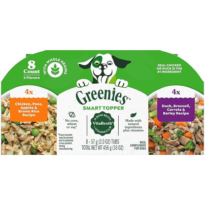 Greenies Smart Topper High Protein Wet Mix-in for Dogs, Chicken, Peas, Apples, and Brown Rice Recipe &amp; Duck, Broccoli, Carrots and Barley Recipe Variety Pack with Whole Grains, 8 Trays of 2oz.