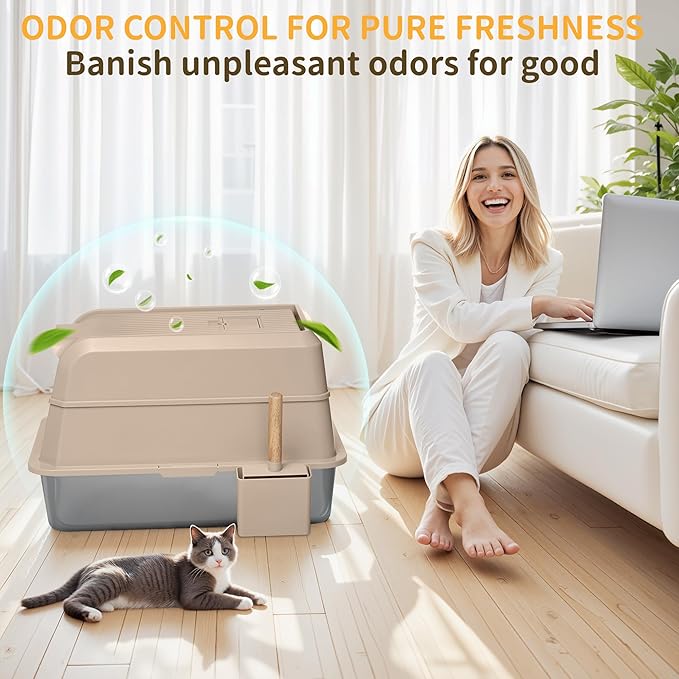 Stainless Steel Litter Box with Lid, XL Extra Large Cat Litter Box, Enclosed Metal Litter Pan with High Sided Enclosure &amp; Scoop, Anti Leakage, Easy to Clean, Odor Control(Khaki)