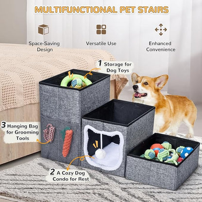 Bilibrara Dog Stairs for Small Dogs, Foldable Pet Steps for High Bed, Non-Slip 3-Step Cat Stairs with Storage, Condo and Fluffy Ball, Small Dog Indoor Ramp for Couch Window, 16&