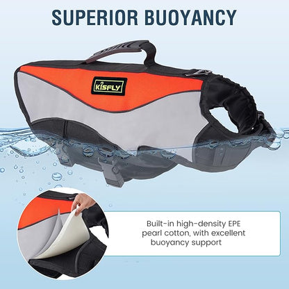 Large Dog Life Jacket with Rescue Handle - Large Reflective Adjustable Dog Flotation Vest, High Buoyancy Pet Swim Gear for Boating, Pool Safety(L, Orange)