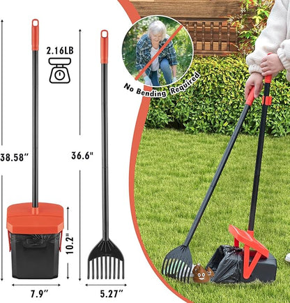 TIMINGILA 36" Pooper Scooper Swivel Bin &amp; Rake with 100 Dog Poop Bags,Adjustable Long Handle for No-Bend Cleanup,Portable Non-Breakable Dog Poop Scooper for Large Medium Small Dogs
