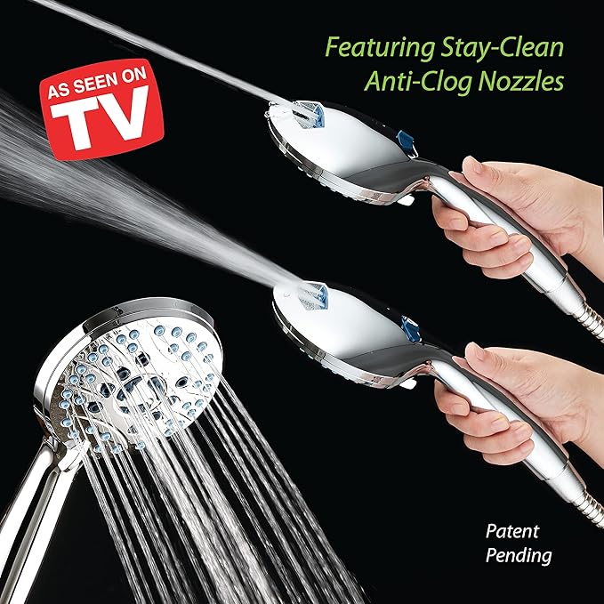 Hotel Spa AquaCare High Pressure 8-Mode Handheld Shower Head - Anti-clog Nozzles, Built-in Power Wash to Clean Tub, Extra Long 6 ft. Stainless Steel Hose, Wall &amp; Overhead Brackets