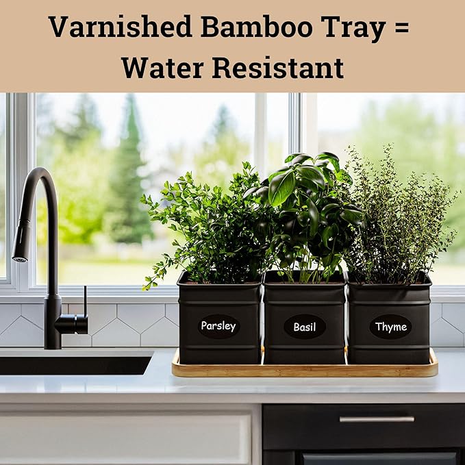 Herb Planter Indoor - 3 Iron Herb Pots with Drainage Holes, Varnished Bamboo Tray, Customizable Labels &amp; Marker Pen - Indoor Herb Garden Planter - 3 Pots for Herbs - Inside Spice Garden - Basil Pot