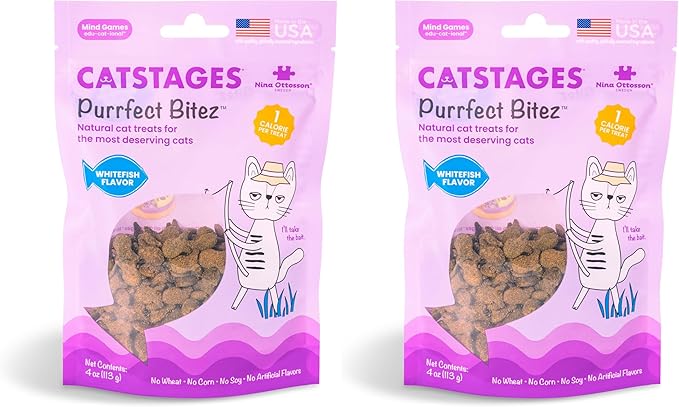 Catstages by Nina Ottosson Purrfect Bitez Natural Crunchy Cat Treats for Puzzles, Toys, Feeders, &amp; Training, USA-Made, Real Whitefish Flavor, 4oz (Pack of 2)