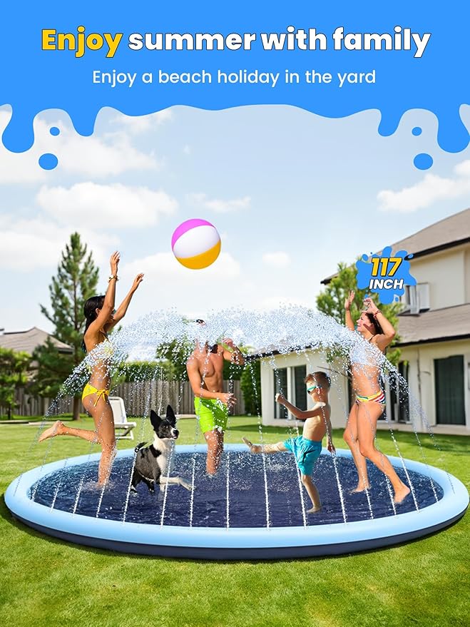 VISTOP Non-Slip Splash Pad for Kids and Dog, Thicken Sprinkler Pool Summer Outdoor Water Toys - Fun Backyard Fountain Play Mat for Baby Girls Boys Children or Pet Dog (117 Inch, Red&amp;Yellow&amp;Green&amp;Blue)