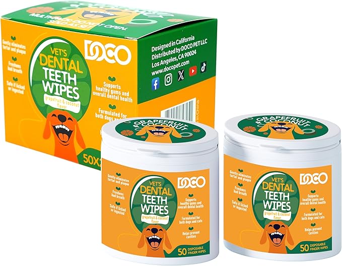 DOCO Dog Teeth Cleaning Wipes Dental Finger Wipes for Cats &amp; Dogs Remove Plaque &amp; Tartar, Freshen Breath, No Rinse, Easy Pet Tooth Cleaning Kit for Oral Care, Coconut &amp; Grapefruit Flavor, 100 Count