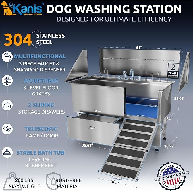 KANIS Professional Dog Washing Station - 304 Stainless Steel Pet Wash Sink &amp; Grooming Bath Tub for Home with Ramp, Shower, Floor Grate, Storage Drawers, and Faucet for Large, Medium &amp; Small Pets