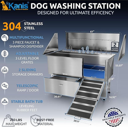 KANIS Professional Dog Washing Station - 304 Stainless Steel Pet Wash Sink &amp; Grooming Bath Tub for Home with Ramp, Shower, Floor Grate, Storage Drawers, and Faucet for Large, Medium &amp; Small Pets
