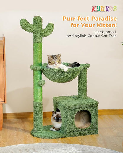 Cactus Cat Tree 40" Cat Tower with Large Metal Carpet Hammock, Cat Scratching Post for Indoor Cats with Condo &amp; Replaceable Toy Ball, Green