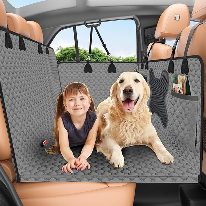 Grey Large Space Dog Hammock for Car, SUV, Small Truck - Universal Fit Dog Car Seat Cover with Hard Bottom, Waterproof &amp; Scratch-Proof, Supports Up to 500 lbs
