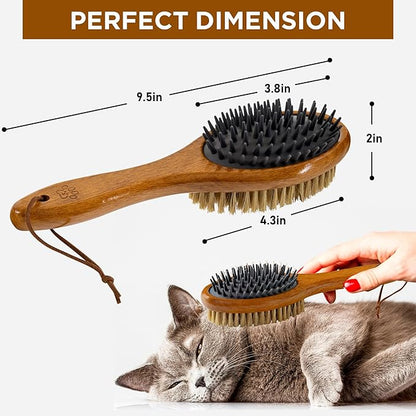 TAKAVU Short Hair Dog &amp; Cat Deshedding Brush - Double Sided Grooming Tool with Silicone Massage &amp; Bristle Sides - Removes Loose Fur &amp; Dirt - Wood Handle