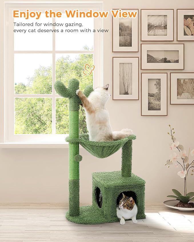 Cactus Cat Tree 40" Cat Tower with Large Metal Carpet Hammock, Cat Scratching Post for Indoor Cats with Condo &amp; Replaceable Toy Ball, Green