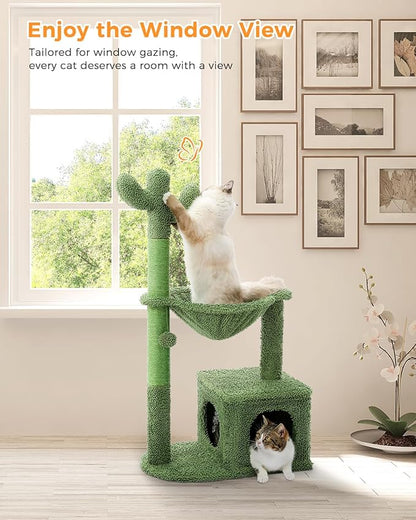 Cactus Cat Tree 40" Cat Tower with Large Metal Carpet Hammock, Cat Scratching Post for Indoor Cats with Condo &amp; Replaceable Toy Ball, Green