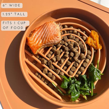 The Slowdown Bowl Silicone Slow Feeder for Cats &amp; Kittens, Slow Eating Mealtime Solution with Modern Lick Mat Design, Reduces Gulping, Fits 1 Cup 6” Across x 1.25” Tall, Small-Tan