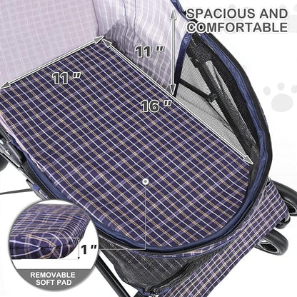 MoNiBloom 4 Wheels Pet Stroller, Easy-Fold Umbrella Shaped Dog Cat Jogger Stroller w/Storage Bag &amp; Visible Mesh for Small/Medium Dogs Cats Plaid