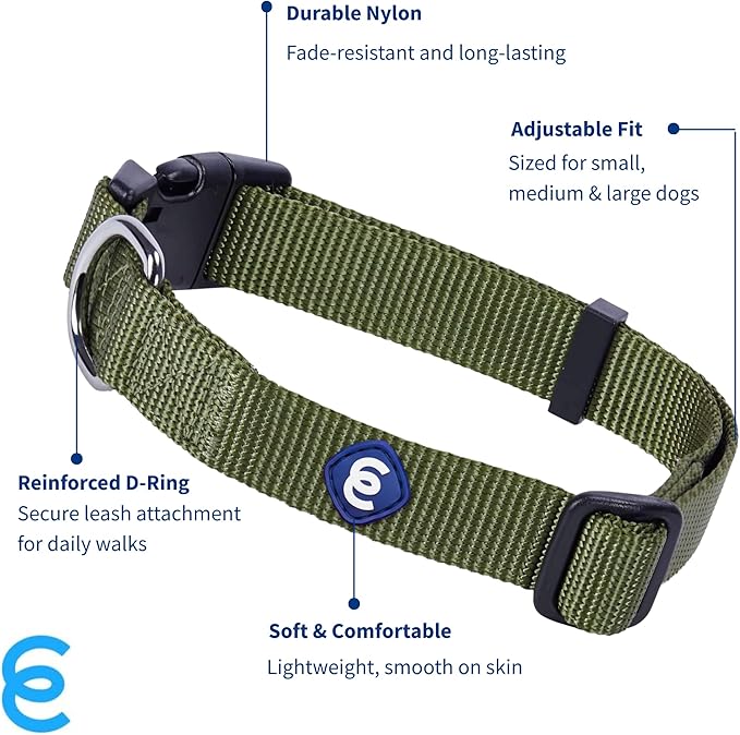 Blueberry Pet Essentials Medium Dog Collar in Military Green | Adjustable &amp; Eco-Friendly Durable Nylon Strap | Classic Collar for Medium Dogs, Boy &amp; Girl Pets
