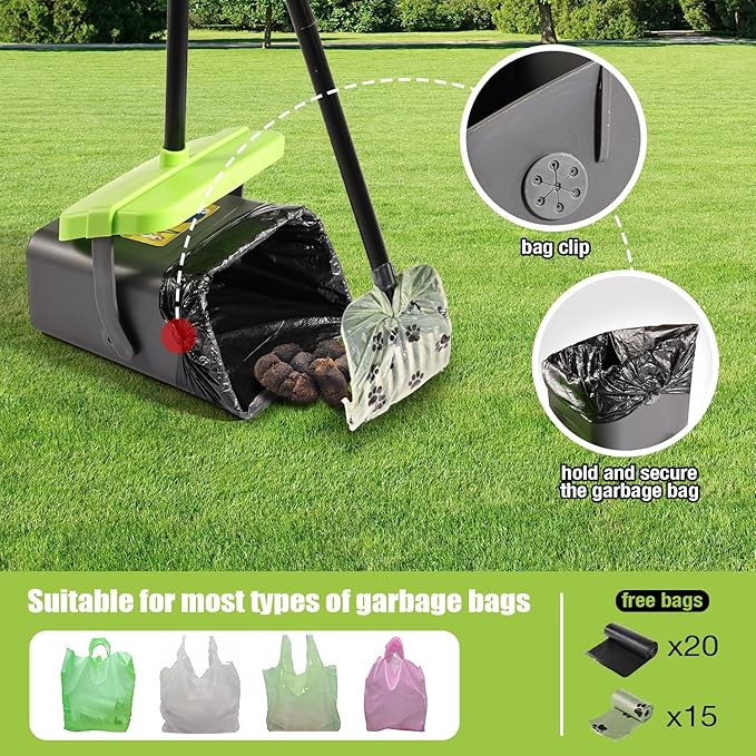 Pooper Scooper Swivel Bin &amp; Rake Kit with 35 Bags – 46" Long Handle Heavy Duty Dog Poop Scooper with Bag Attachment, Yard Pet Waste Cleanup Tool for Large Medium Small Dogs