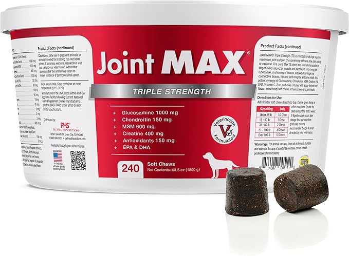 TS Joint Supplement Vet Formulated Pain &amp; Inflammation Relief Treats Hip Dysplasia &amp; Arthritis.Glucosamine, Chondroitin, Turmeric, MSM, HA, Creatine, Omega 3 EPA+DHA. All Dogs 240 Soft Chews