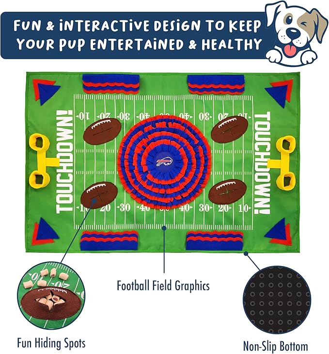 NFL Buffalo Bills Dog Snuffle Mat – Interactive Pet Slow Feeder, Football Field Design Food Puzzle Toy for Dogs &amp; Cats, Foraging Activity Mat for Smarter Feeding