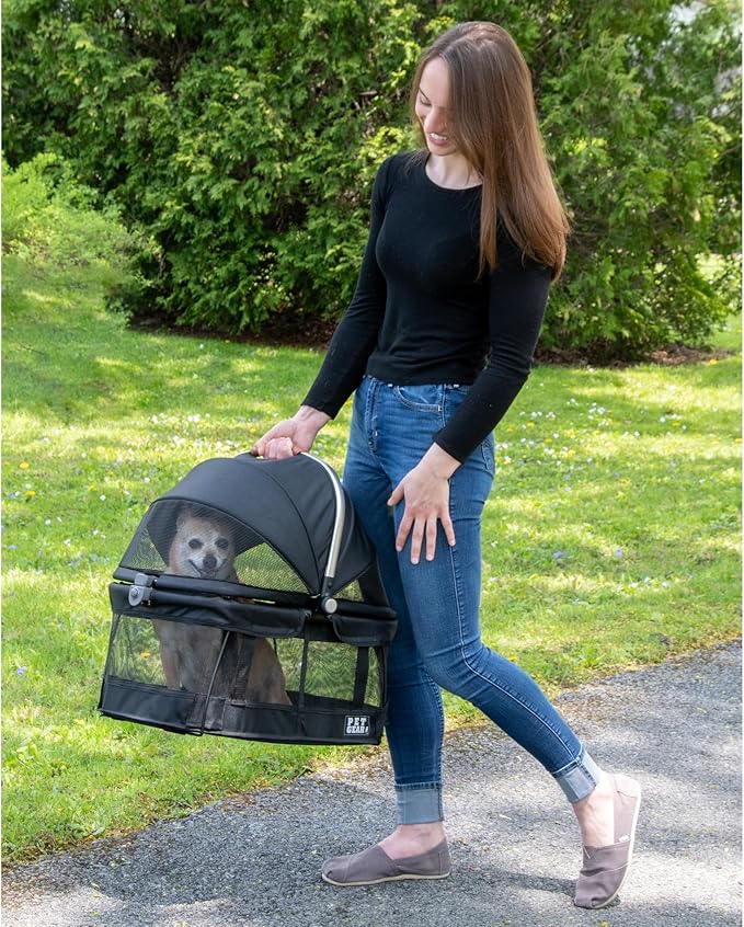 Pet Gear No-Zip View 360 Pet Safety Carrier &amp; Car Seat for Small Dogs &amp; Cats Push Button Entry, View 360 20-inch, Onyx
