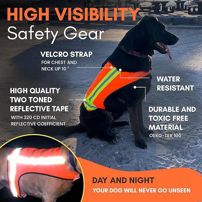 Reflective Dog Vest – Fluorescent Orange | High-Visibility, Water-Resistant Safety Jacket with Adjustable Fit for Day &amp; Night Walks, Hiking, Hunting, and Outdoor Use (Large)