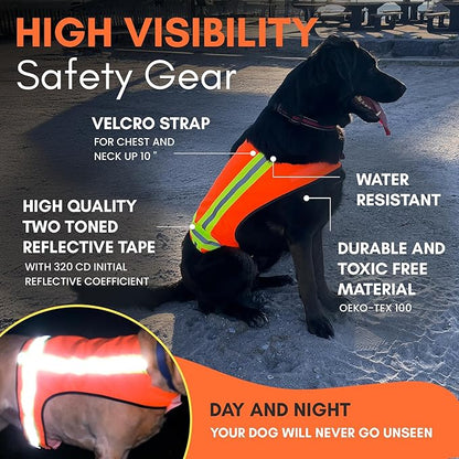 Reflective Dog Vest – Fluorescent Orange | High-Visibility, Water-Resistant Safety Jacket with Adjustable Fit for Day &amp; Night Walks, Hiking, Hunting, and Outdoor Use (Large)