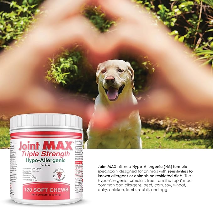 Triple Strength Hypo-Allergenic Soft Chews for Dogs - Hip and Joint Support Supplement with Glucosamine, Chondroitin, &amp; MSM - Made in The USA - 120 Soft Chews