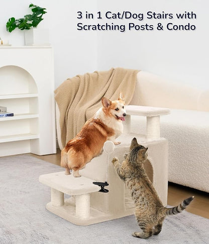 Happi N Pets Dog Stairs with Cat Scratching Post &amp; Large Condo, Stable Pet Steps for High Beds Couch, 3 Combinations Cat Ramp Tree Tower for Cats or Small Dogs, Removable Cushion &amp; Bonus Toy, Beige