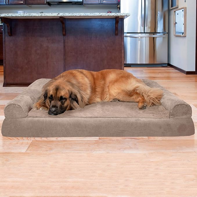 Furhaven Orthopedic Dog Bed for Large Dogs w/ Removable Bolsters &amp; Washable Cover, For Dogs Up to 125 lbs - Plush &amp; Suede Sofa - Almondine, Jumbo Plus/XXL