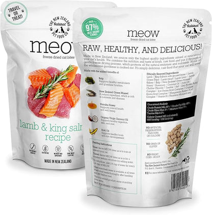 Meow Lamb &amp; King Salmon Freeze Dried Raw Cat Food, Mixer, or Topper, or Treat - High Protein, Natural, Limited Ingredient Recipe 1.76 oz