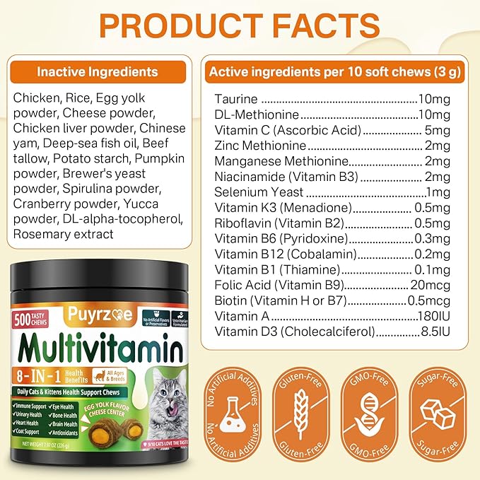 Cat Multivitamin - 500 Chews Crunchy &amp; Creamy Cheese Core, Cat Vitamins + Taurine for 8-in-1 Support - Immune, Urinary, Heart, Skin &amp; Coat, Eyes, Brain, Bone for Cats Kittens - Egg Yolk Flavor