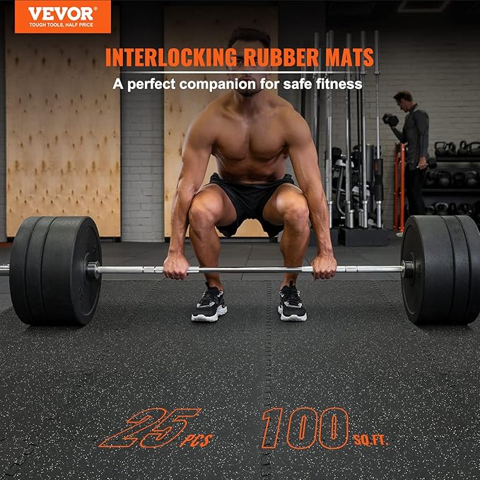 VEVOR 0.56 inch Thick 25 PCS 100 sq.ft Gym Floor Mats, 25" x 25" EVA Foam &amp; Rubber Gym Flooring Workout Floor Mats, Waterproof Exercise Puzzle Flooring for Gym, Home, Garage, Baseme
