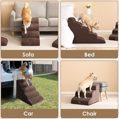 EHEYCIGA Curved Dog Stairs Ramp for High Beds 22.6" H, 5-Step Dog Steps for Small Dogs and Cats, Pet Stairs for High Bed Climbing, Non-Slip Balanced Pet Step Indoor, Brown