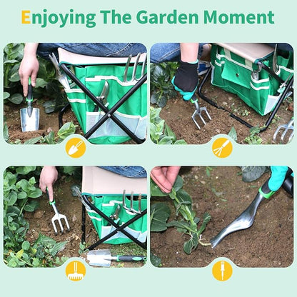 Kitness 9 PCS All-in-one Garden Tools Set Heavy Duty Cast-Aluminium Alloy Gardening Tools Kit with Folding Stool Seat&amp;Detachable Canvas Tool Bag Great Gifts for Gardening
