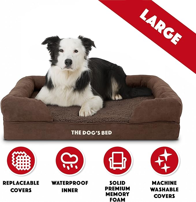 The Dog’s Bed, Large Brown Plush 36x27, Memory Foam, Pain Relief: Arthritis, Hip &amp; Elbow Dysplasia, Post Surgery, Lameness, Supportive, Calming, Waterproof Washable Cover, Veterinary Approved