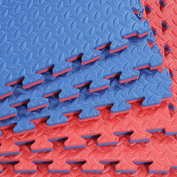 Xspec 1" Extra Thick 48 sq ft Reversible EVA Gym Foam Floor Mat Tiles (24" x 24"), Steel Pattern, 12 pcs, Blue &amp; Red