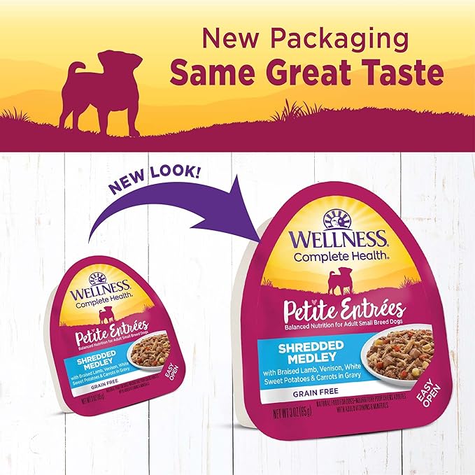 Wellness Petite Entrées Shredded Medley with Braised Lamb, Venison, White Sweet Potatoes &amp; Carrots, 3-Ounce Cup (Pack of 12)